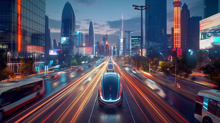 A futuristic car speeds along a neon-lit cityscape with dynamic light trails.