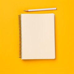 Spiral blank open notebook mockup with pen isolated on yellow background. Template for design, top view