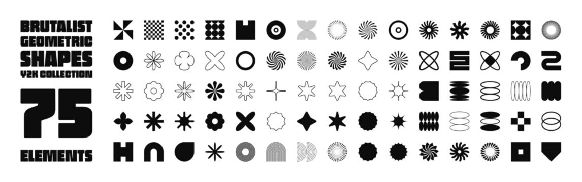 Brutalist geometric shapes, symbols. Simple primitive elements and forms. Retro design, trendy contemporary minimalist style, y2k. Vector illustration