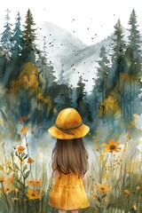 A girl in a yellow dress and hat stands in a field of yellow flowers and pine trees.