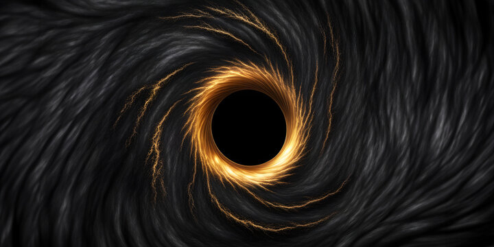 Arte abstrata de buraco negro com raios e energia dourada ao seu redor. Buraco negro com bordas brilhantes e douradas.