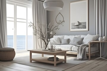 Scandinavian living room interior in light colors with a gray sofa, pillows, coffee table, dired...