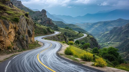 Serpentine mountain road, lush greenery and blue sky. Scenic route natural landscape, travel adventure concept.