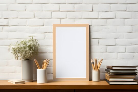 Empty photo frame mockup on wooden desk, table. Artwork template in interior design. Minimal home interior. Vase with flowers.
