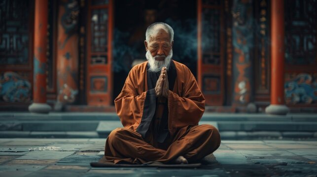 Serene Meditating Monk Finding Peace and Tranquility in Ancient Temple Setting. His closed eyes and flowing white beard symbolize wisdom and spirituality in the sacred space.