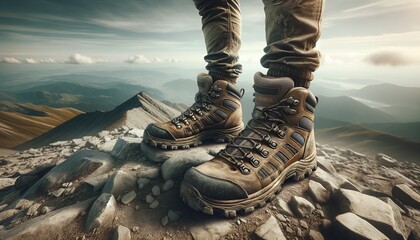 hiking boots on mountain - obrazy, fototapety, plakaty