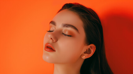 Close up no rosto de uma modelo de olhos fechados isolado no fundo laranja  - obrazy, fototapety, plakaty