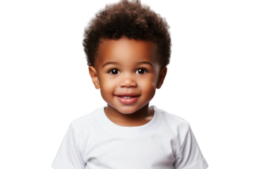 Portrait of a smiling little child wearing white shirt, happy kid laughing, isolated on transparent background
