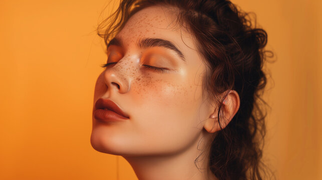 Close up no rosto de uma modelo de olhos fechados isolado no fundo laranja 