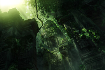 stairs leading to a moss covered ruins lost in a jungle, sunlight piercing through the fog - obrazy, fototapety, plakaty