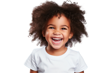 Portrait of a smiling little child wearing white shirt, happy kid laughing, isolated on transparent background