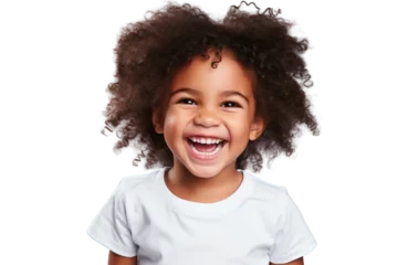 Fotobehang Portrait of a smiling little child wearing white shirt, happy kid laughing, isolated on transparent background © The Stock Guy