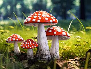 Three red and white mushrooms are standing in a field of grass. The mushrooms are surrounded by green grass and are the only objects visible in the image. The scene has a peaceful and serene mood - Powered by Adobe