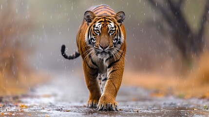 Fototapeta na wymiar Front view of a tiger walking on a gravel road during rainfall