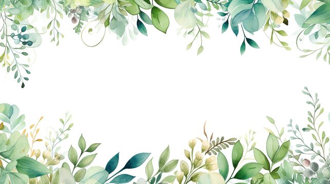 Watercolor green leaves frame template. Empty page white background