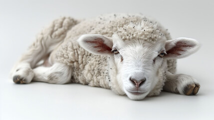 Peaceful Lamb Lying Down on White Background