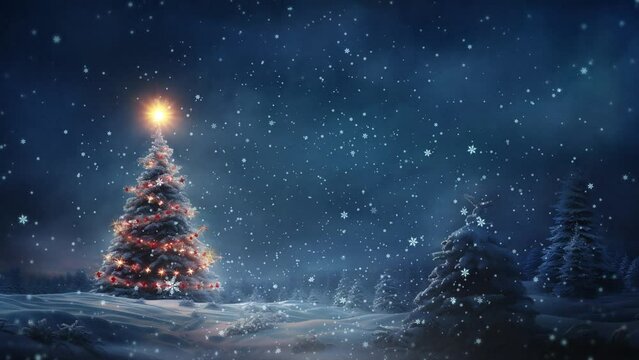 christmas tree with lights and snowflakes in the winter snow covered landscape