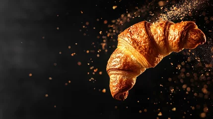 Tuinposter Freshly baked croissant flying in air. Close up of crumbled french croissant © Vasiliy