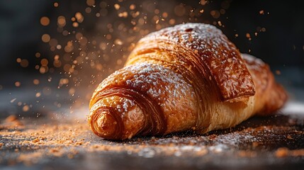 Freshly baked croissant flying in air. Close up of crumbled french croissant - Powered by Adobe