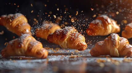 Freshly baked croissant flying in air. Close up of crumbled french croissant
