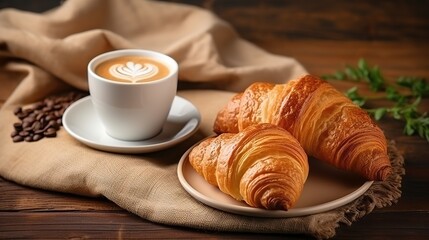 freshly baked croissants and coffee cup on grey table, top view