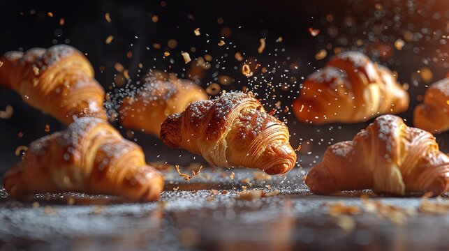 Freshly baked croissant flying in air. Close up of crumbled french croissant