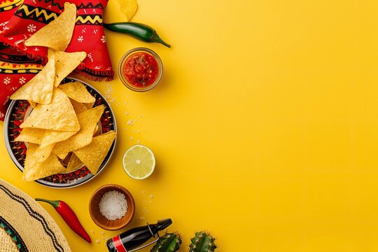 Top view photo of traditional food nacho chips salsa sauce chilli tequila with salt lime sombrero serape cactus and maracas on isolated vivid yellow background and copyspace - generative ai