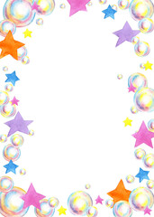 Watercolor illustration rectangular frame with soap bubbles and colorful stars. Symbol of summer fun, swimming, carnival, bubble party. Compositions for posters, cards, banners, flyers, covers.