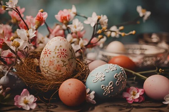 Artistically decorated Easter eggs nestled in a nest among delicate spring flowers, showcasing the beauty and tradition of Easter.