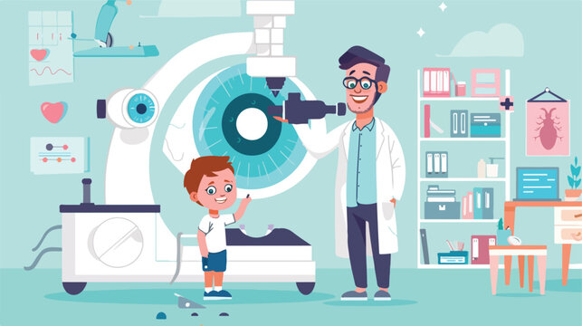 Doctor ophthalmologist explains anatomy to child on