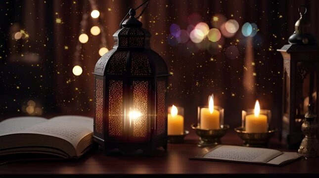 Lantern with candle at ramadan night bokeh blur background. Seamless looping time-lapse virtual 4k video animation background.
