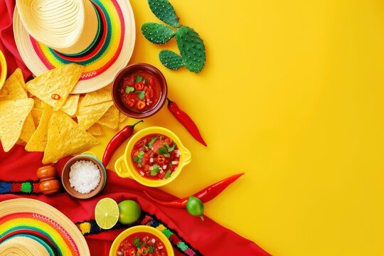 Top view photo of traditional food nacho chips salsa sauce chilli tequila with salt lime sombrero serape cactus and maracas on isolated vivid yellow background and copyspace - generative ai