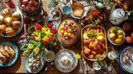Easter breakfast table in Poland. Easter foods in Europe. Easter in Poland - Wielkanoc. - obrazy, fototapety, plakaty