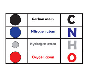 Table of chemical molecules.  Carbon, Oxygen, Hydrogen and Nitrogen molecules. Vector Illustration. - obrazy, fototapety, plakaty