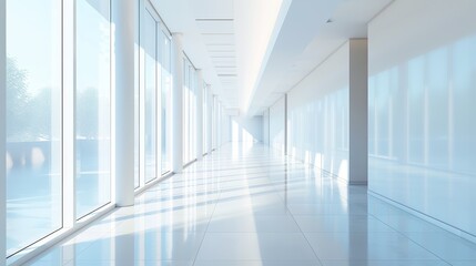 Futuristic corridor with striking blue tones and light reflections on a glossy floor - obrazy, fototapety, plakaty