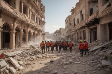 Rescue team search destroyed buildings and street after the earthquake