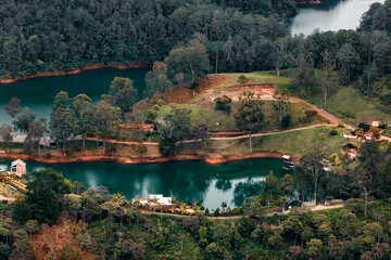 Aerial panoramic view of the Guatape-Peñol reservoir in Antioquia, Colombia