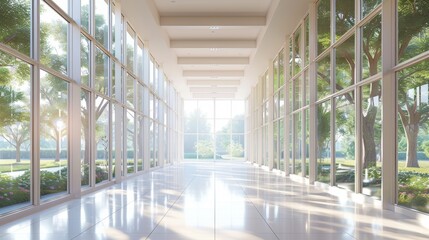 Expansive and bright corridor with floor-to-ceiling windows overlooking a garden - obrazy, fototapety, plakaty