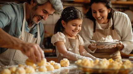 Family preparing homemade Zeppole in kitchen together for Saint Joseph's Day, sharing stories of past celebrations