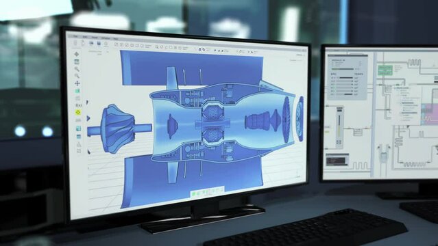 Modern technology used for machine part design. Designing parts for heavy industrial machinery with 3D visualisation software. Analysing the complicated structure of the machine part design.