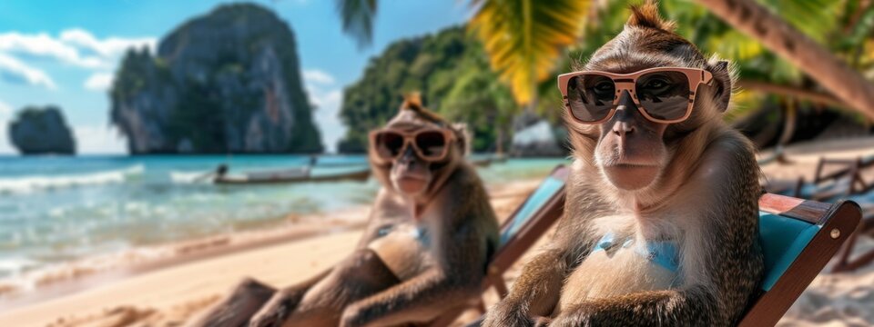 Funny animal monkey summer holiday vacation photography banner background - Closeup of monkeys with sunglasses , chilling relaxing at the tropical ocean beach, in a lounge chair ()