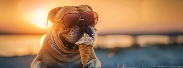 Amusing pet summer holiday vacation photography banner - Close-up of a playful bulldog wearing sunglasses, savoring an ice cream cone under the bright blue sky with sunshine in the  - obrazy, fototapety, plakaty