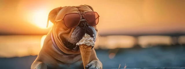 Poster Amusing pet summer holiday vacation photography banner - Close-up of a playful bulldog wearing sunglasses, savoring an ice cream cone under the bright blue sky with sunshine in the  © JovialFox
