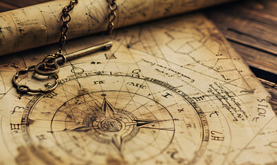 A closeup of an ancient, handdrawn astrological chart with the zodiac signs and star positions filled in, alongside an old key on a chain lying next to it,  paper texture, time passing concept