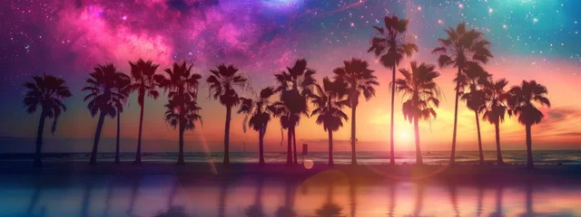 Foto op Canvas Palms silhouettes at neon sunset sky. Night landscape with palm trees on beach. Creative trendy summer tropical background. Vacation travel concept. Retro, synthwave, retrowave style. Rave party © JovialFox
