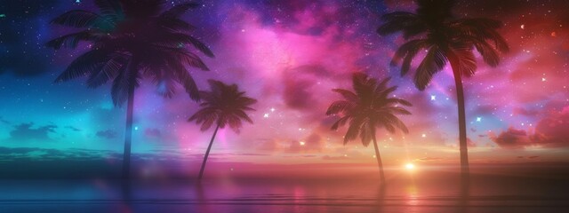 Fototapeta na wymiar Palms silhouettes at neon sunset sky. Night landscape with palm trees on beach. Creative trendy summer tropical background. Vacation travel concept. Retro, synthwave, retrowave style. Rave party
