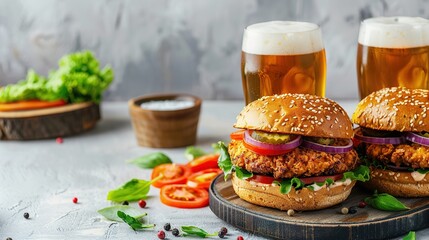 Fresh Gourmet Chicken Burger with cheese closeup on wooden rustic table with rustic potato