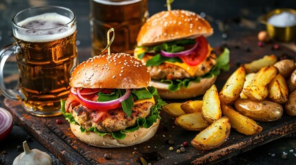 Fresh Gourmet Chicken Burger with cheese closeup on wooden rustic table with rustic potato