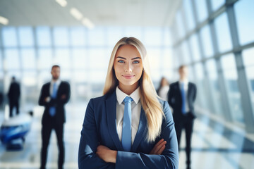 young businesswoman in a suit and tie is standing in front of a group of business people - obrazy, fototapety, plakaty