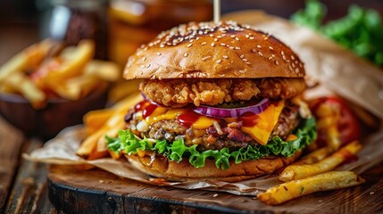 Classic cheeseburger sprinkled with sesame seeds. Fresh and tasty crispy chicken burger